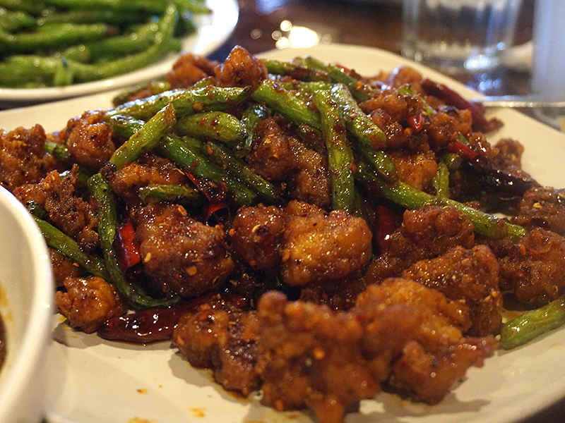 Grand Szechuan: Country Style Chicken. This is not on the menu. Crispy chicken and green beans tossed in a spicy-sweet sauce.