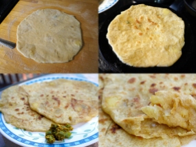 Take your large ball of stuffed dough and gently flatten it on a floured surface. Spread it out as much as you can with the heel of your palm. Then roll it into a circle, being careful not to let it split. Smear the top with ghee and flip. Repeat the flip/smear as necessary till you have a paratha that's got nice crisp bits on both sides.