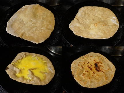 For anda/egg parathas proceed in the exact same way. After the first flip and after smearing the flipped side with some ghee ladle on the beaten egg. Let the egg mixture start to set on the top until such time as you're comfortable flipping it (easiest with a flat, wide spatula). Flip, wait till the egg is done and flip one more time to crisp up the other side too (after smearing a bit more ghee).
