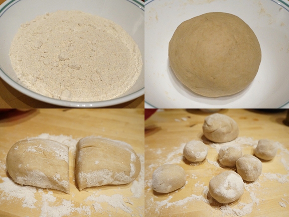 This is two cups of dough, mixed with just enough water to make a sticky dough that turns into a smooth ball after some vigorous kneading. Rest the dough, covered with a paper towel in a bowl, for about 30 minutes. You can do this in or out of the refrigerator.