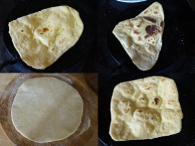 With practice and a good dough all kinds of ugly shapes are possible. Place the rolled paratha on the pan and after about 10 seconds smear the top with ghee. Wait till bumps begin to form and then flip the paratha. Smear again with ghee and flip one more time after about 30-40 seconds. Repeat as necessary till...