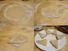 Parathas are a bit trickier. Start with balls of dough a little less than twice the size of your chapati balls. Flour the surface, flatten the ball of dough and roll into a circle about 6 inches in diameter. Smear the top with ghee and fold in half. Smear again with ghee and fold into a wide triangle. Smear again and fold into a smaller triangle. Repeat till you have all at this stage.