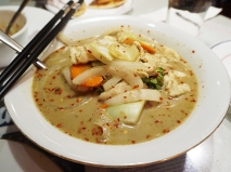 And this was the alleged laksa. Yes, the same coconut milk base with our old friends, the sliced vegetables.