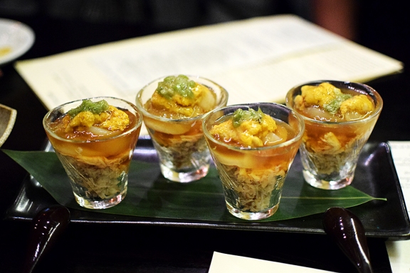 This gorgeous layered masterpiece of uni, scallop and blue crab with a tart ponzu jelly and just a dab of wasabi to give it some bite would be a very good way to start. This comes two to an order, by the way. We got two orders so as to not come to blows.
