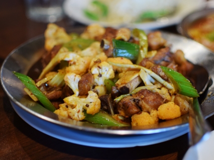 Another that made it to the printed menu this year, this prep of chicken with cauliflower is really very good---another dish that deploys cumin rather than dried chillies.