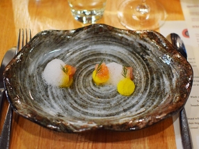 Piccolo: Cured trout with smoked roe, whey, and golden beets