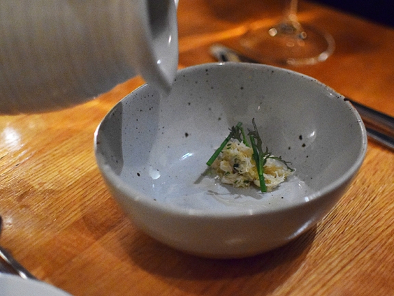 Piccolo: Cauliflower soup with Dungeness crab, brown butter and chives