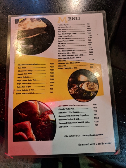 Chaat Chowk, Menu with prices