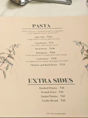 The Belvedere, Menu, Pasta, Sides