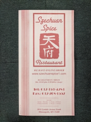 Szechuan Spice, Menu