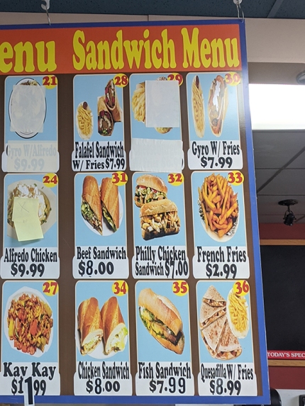 Nawal, Sandwich menu