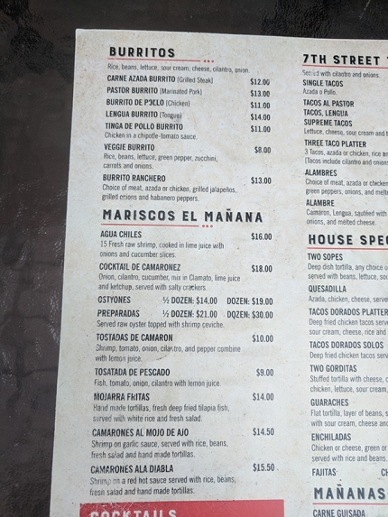 Mañana, Menu, Burritos, Mariscos el Mañana