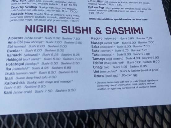 Saji-Ya, Menu, Nigiri Sushi & Sashimi