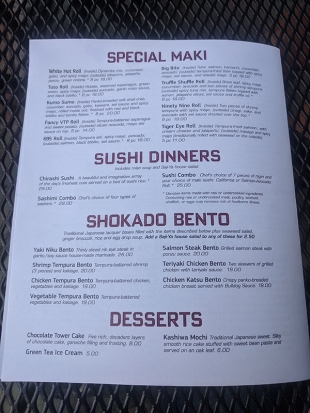 Saji-Ya, Menu, Special Maki, Sushi Dinners, Bento, Desserts