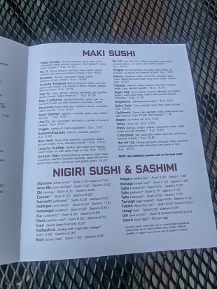 Saji-Ya, Menu, Sushi