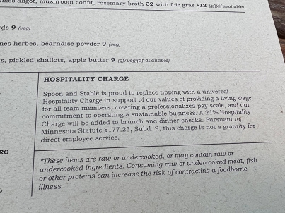 Spoon and Stable, Menu, Hospitality Charge