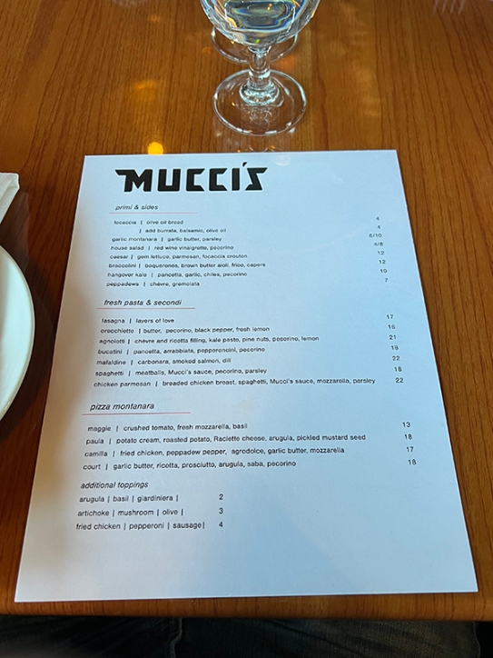 Mucci's Italian, Menu