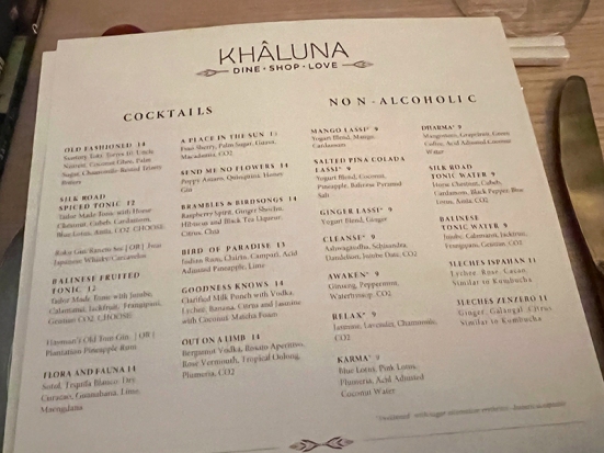 Khaluna, Menu, Cocktails, Non-Alcoholic