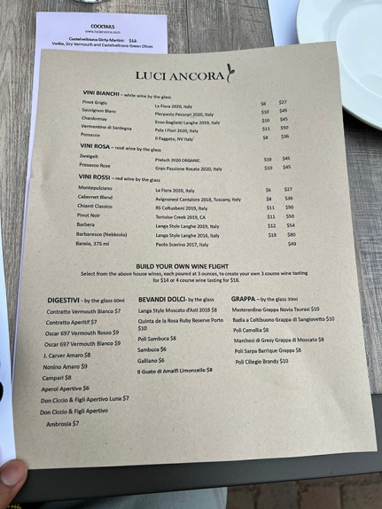Luci Ancora, Menu, Wine by the glass